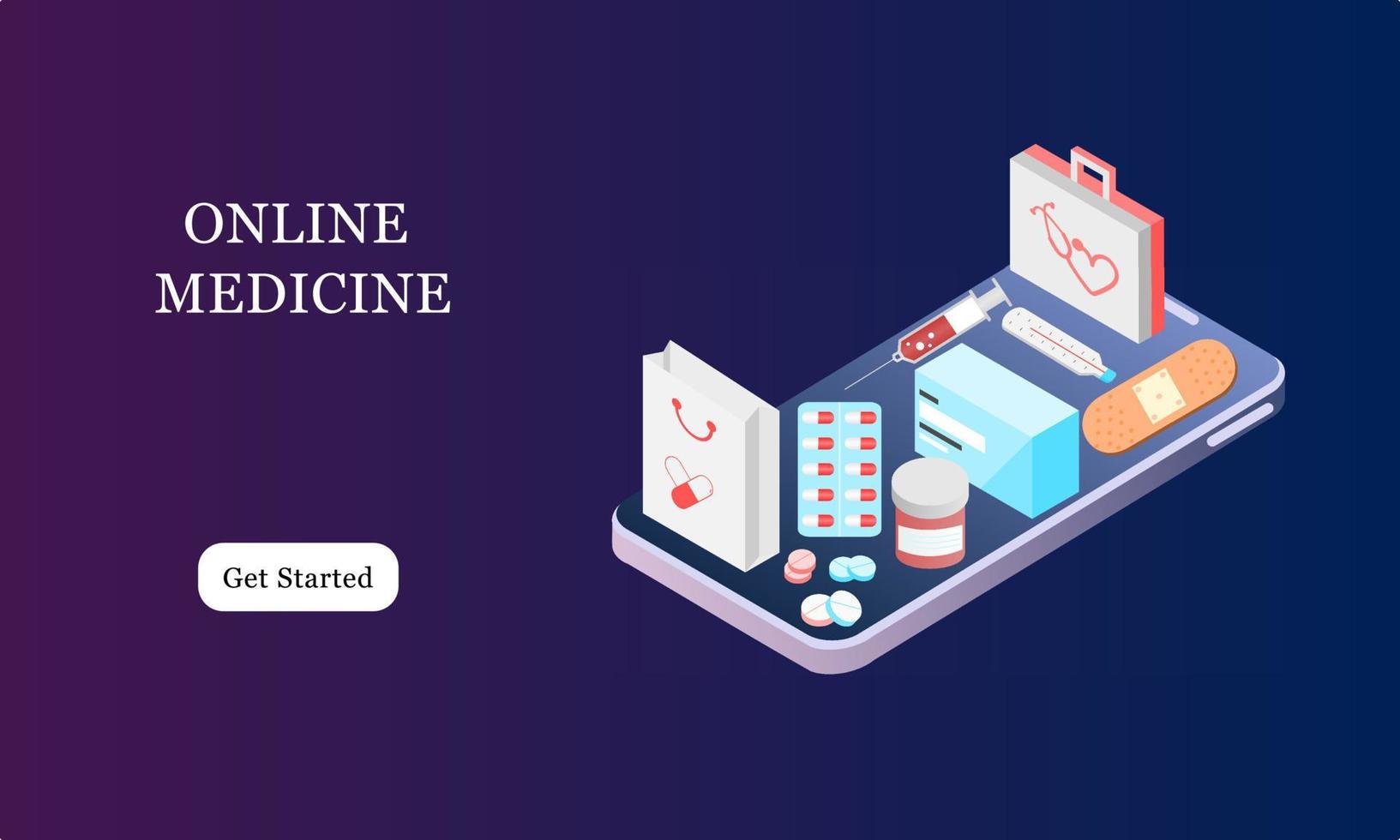 Isometric landing page design template for Online Pharmacy, Online Medicine, Medical Service and Healthcare Insurance. Flat isometric vector illustration for backgrounds, infographics, web banners.