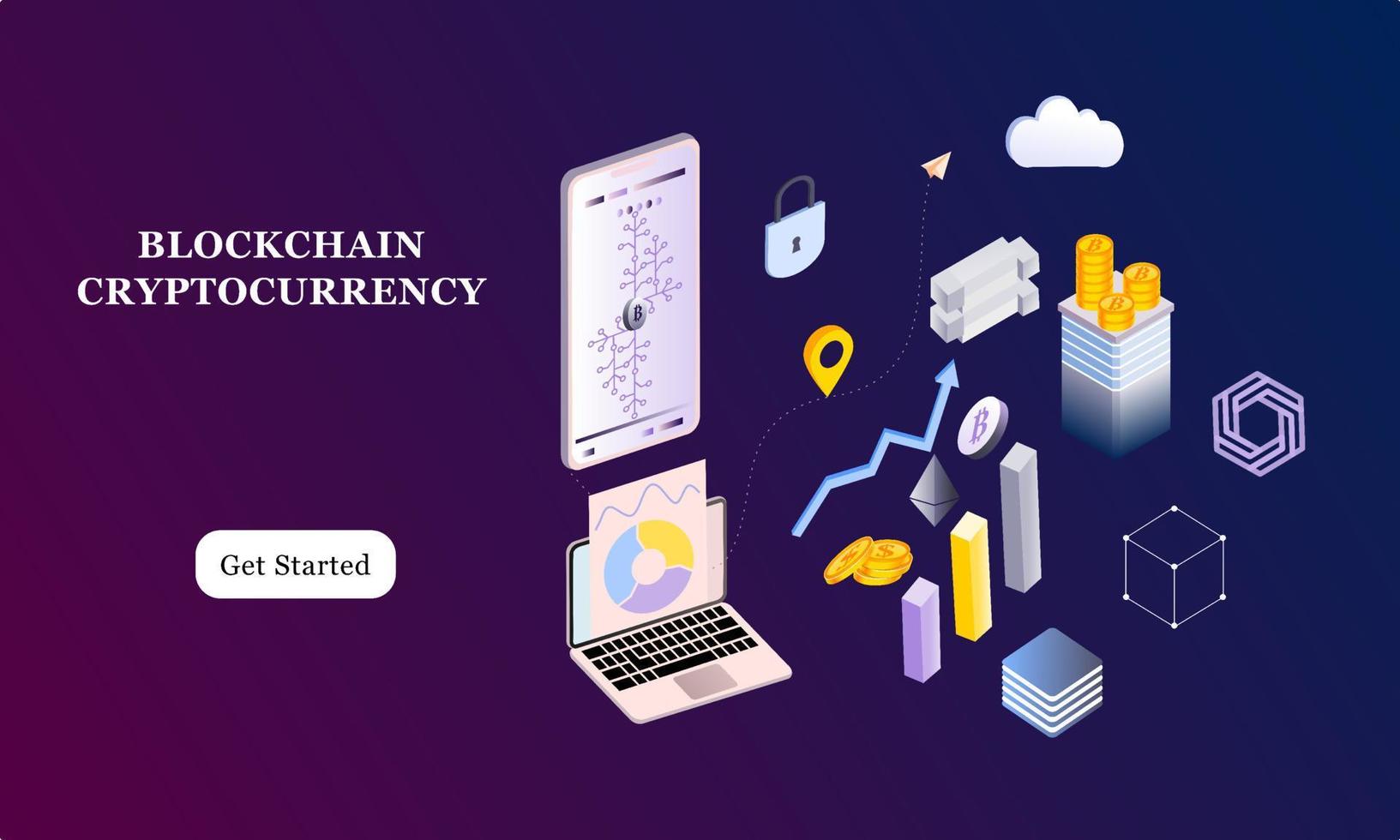 Modern flat design isometric background of blockchain and cryptocurrency for banner and website. Landing page template. Virtual cash transaction, cryptocurrency blockchain concept. Vector illustration