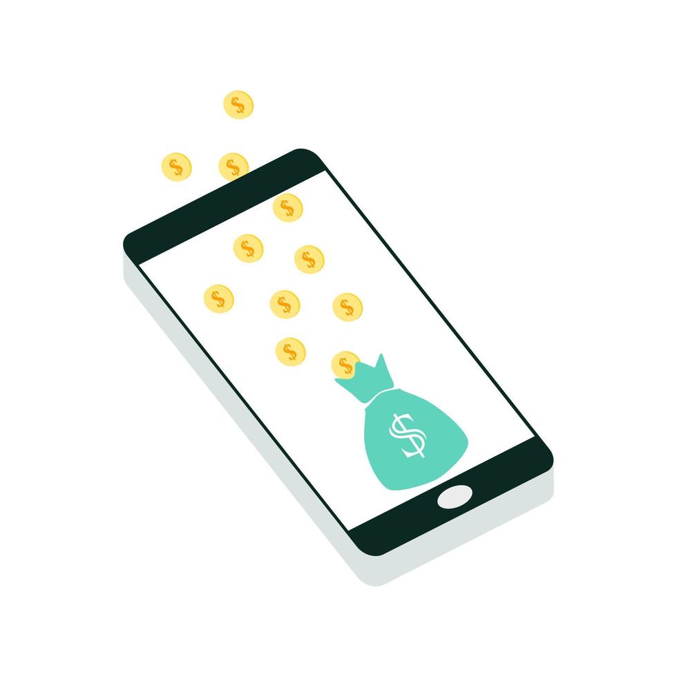 Global data sharing concept vector illustration using mobile smartphone to earn money in social networks. Smartphone screen with money on mobile screen. Internet banking concept. Wireless transfer.