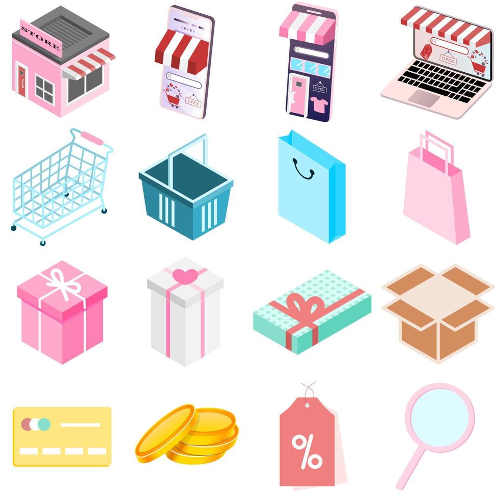 plano 3d isométrico estilo de moda tienda en línea compras web aplicación móvil infografía conjunto de iconos. carrito bolsa tarjeta de crédito laptop billetera etiqueta venta buscar dinero caja de regalo caja fuerte con monedas. colección de aplicaciones web vector