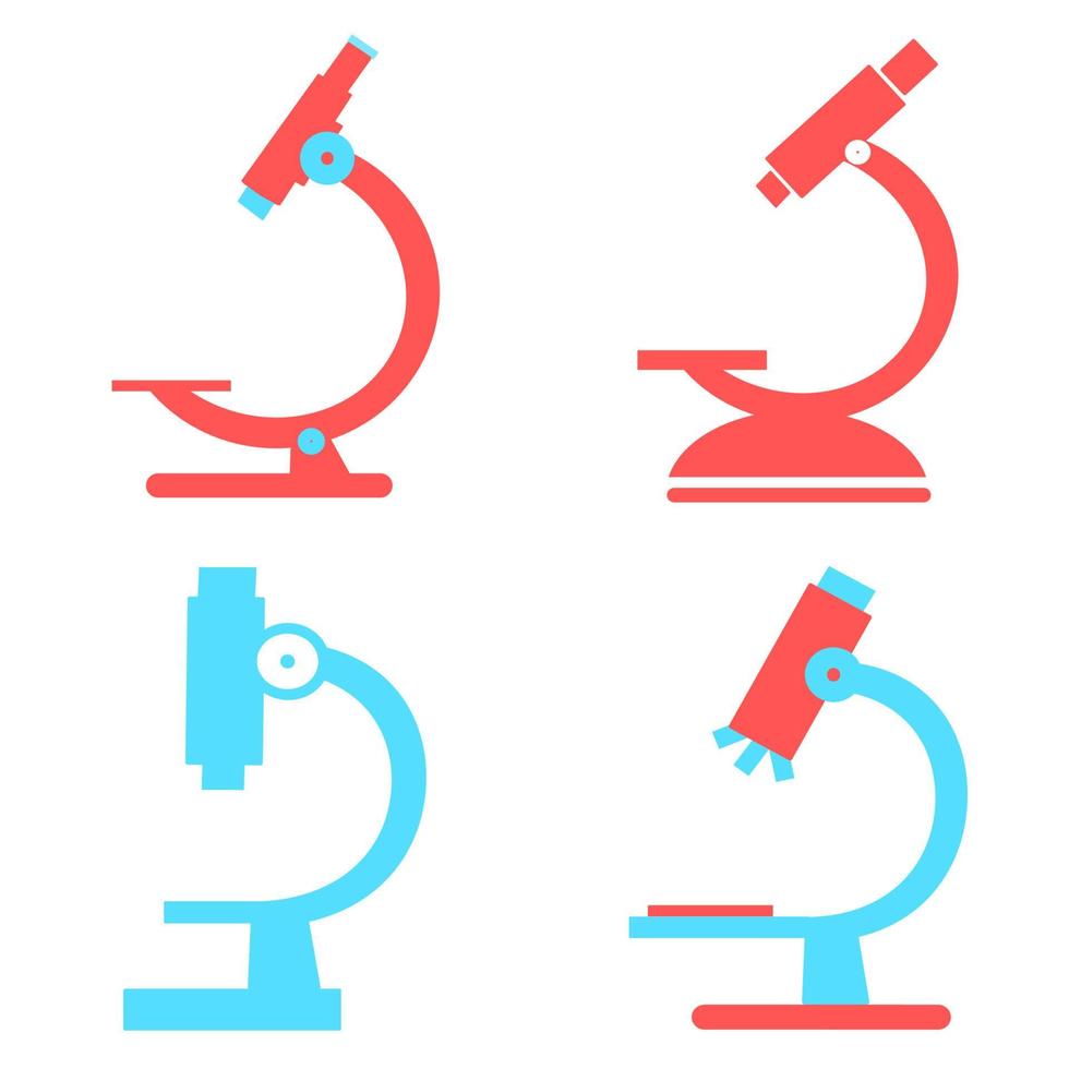 Microscope icon set. Symbol of science, chemistry, pharmaceutical instrument, microbiology magnifying tool. Microscope flat style for graphic design template. Suitable for logo, web, UI, mobile app. vector