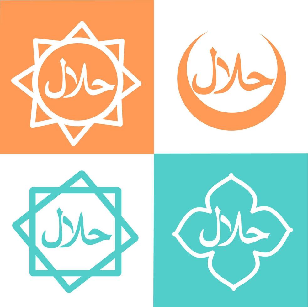 vector de etiquetas de alimentos halal en fondo naranja, verde y blanco. insignias, logotipo, etiqueta redonda y diseño de etiquetas. Adecuado para pancartas, volantes, marcas comerciales y otros materiales publicitarios. fácil de modificar