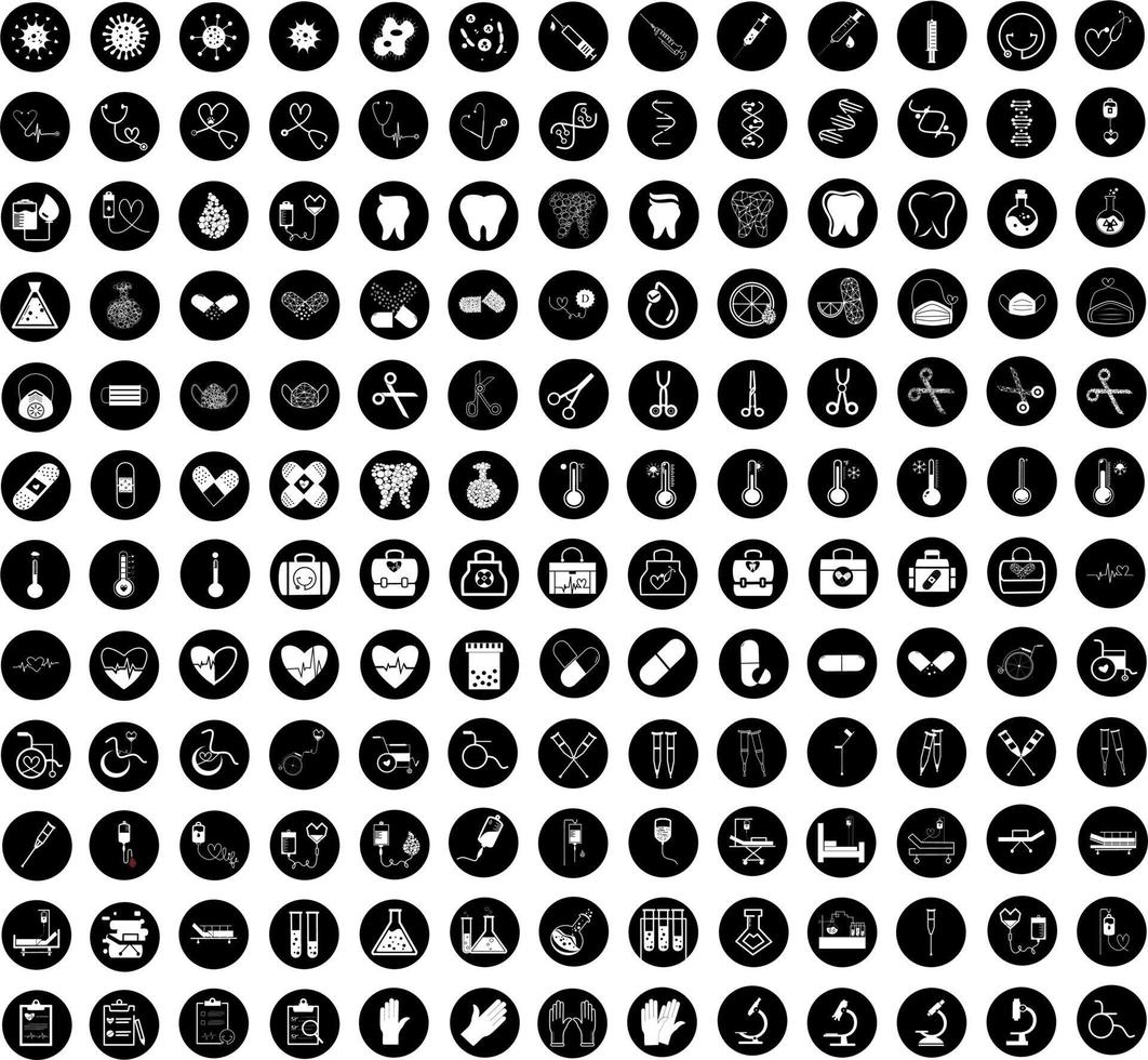 conjunto de 156 iconos vectoriales, signos y símbolos en medicina y salud de diseño plano con elementos en círculo negro para conceptos móviles y aplicaciones web. colección de logotipo y pictograma de infografía moderna. vector