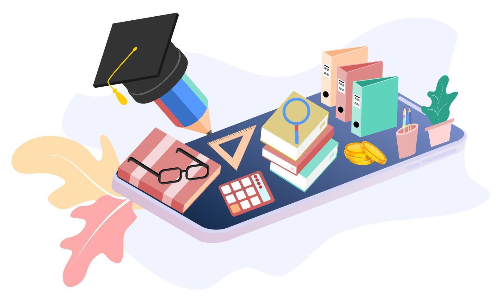 Modern flat design isometric concept of Online Education for banner and website. Isometric landing page template. Online training courses, university studies, e-learning research. Vector illustration.