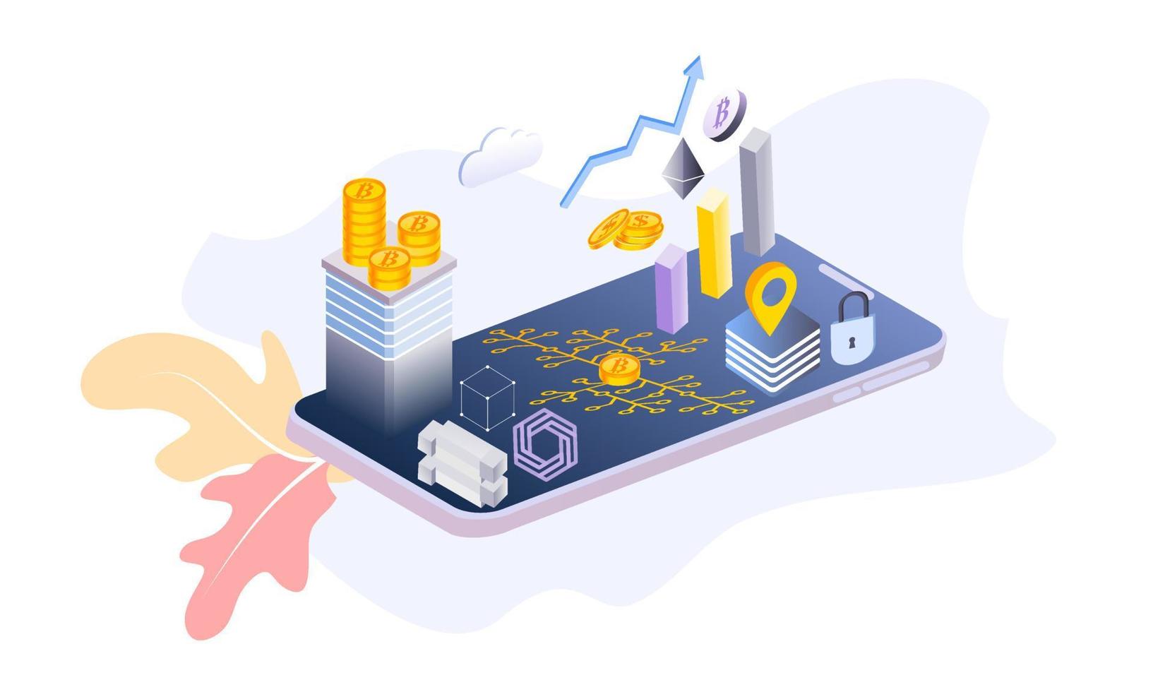 Modern flat design isometric background of blockchain and cryptocurrency for banner and website. Landing page template. Virtual cash transaction, cryptocurrency blockchain concept. Vector illustration