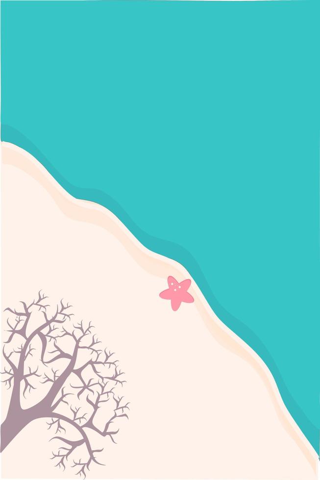 Beach top view background with starfish, sand, tree branches and sea. Seaside view poster. Summer holidays vector illustration background. Tropical travel template for mobile, web site, UI.