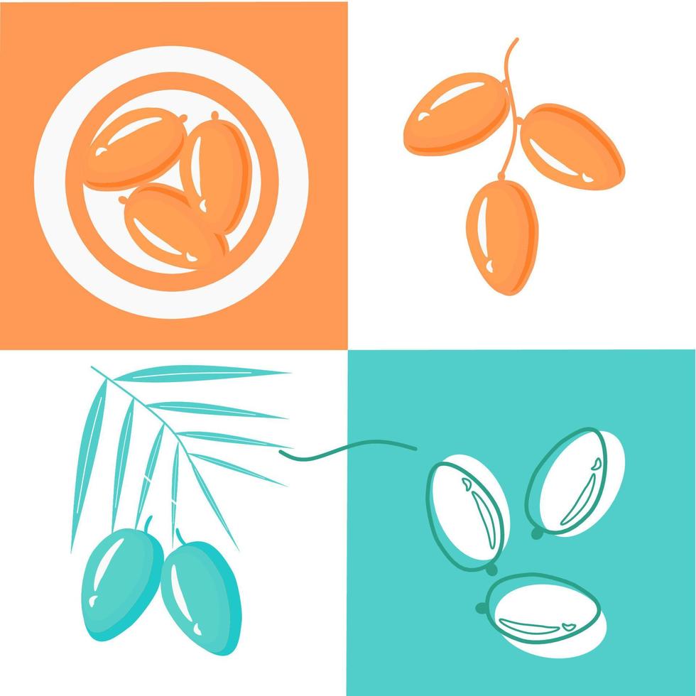 Ramadan Iftar party food design elements. bowl of dates Arabic dishes. Vector set. Ramadan Kareem Generous Ramadan in Arabic freehand for Islam religious festival Eid with grand meal.