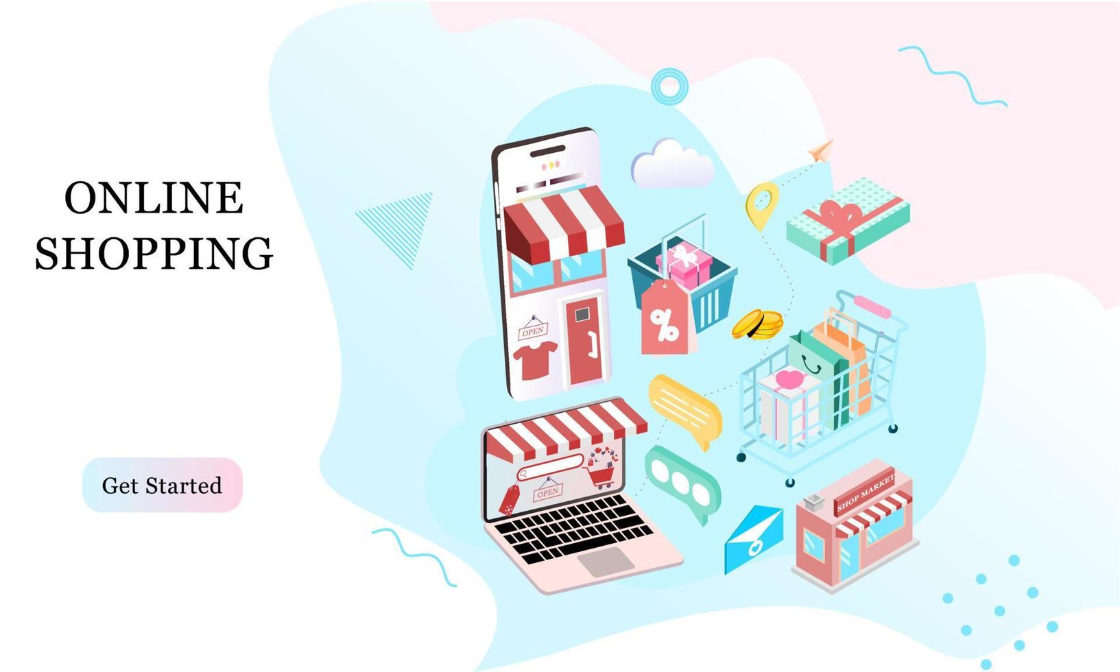 Landing page of 3d isometric online shopping on websites or mobile applications concepts of vector e-commerce and digital marketing. Memphis style illustration for banner online store promotion.