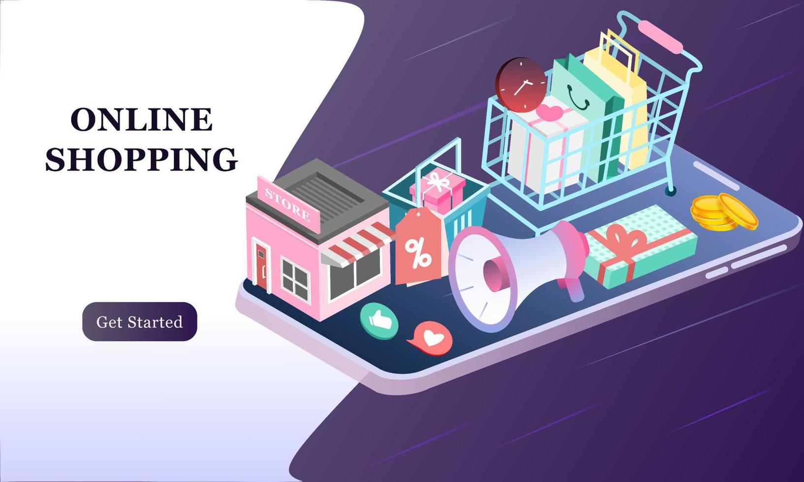 Landing page of 3d isometric online shopping on websites or mobile applications concepts of vector e-commerce and digital marketing. Isometric background illustration for banner online store promotion