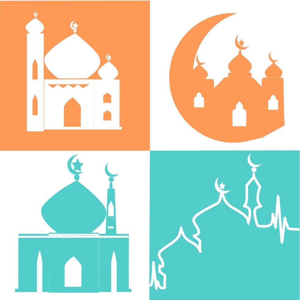mosque vector icons. Simple illustration set of 4 mosque elements, editable icons, can be used in logo, UI and web design. Green and Orange Mosque and Background. Ramadan Kareem mosque Illustration