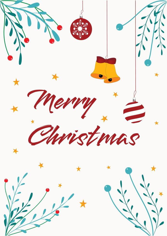 Merry Christmas background template with stars, balls, leaves and jingle bells vector