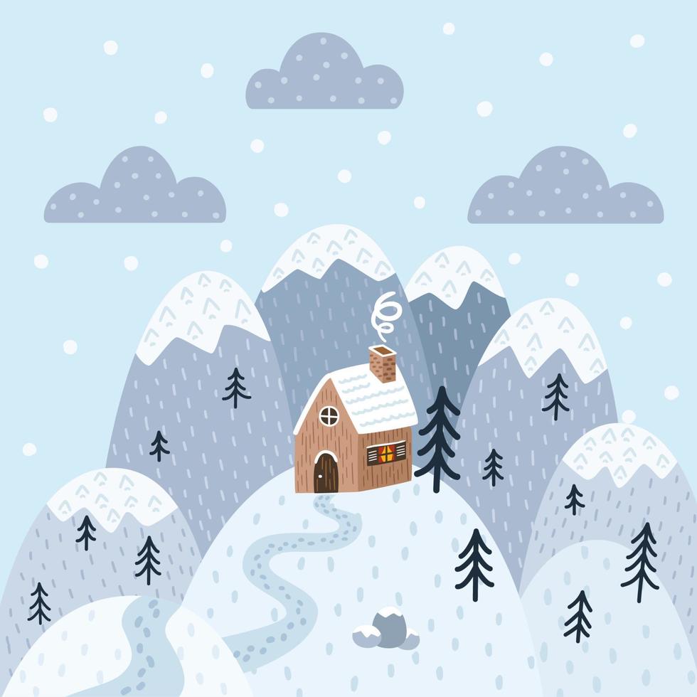 casa en la montaña. estilo plano. Ilustración de temporada de invierno para impresión, banner, fondo, decoración y diseño de tarjetas de felicitación e invitación. vector