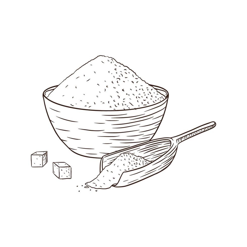 Bowl and Wooden Scoop with Sugar. Engraved Illustration. Line Art. Hand drawn bowl with white grains for logo, recipe, print, sticker, bakery menu design and decoration vector