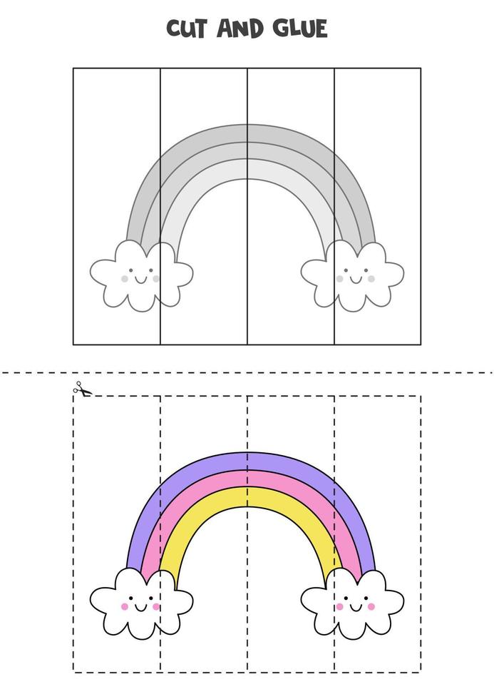 Cut and glue game for kids. Cute kawaii rainbow. vector