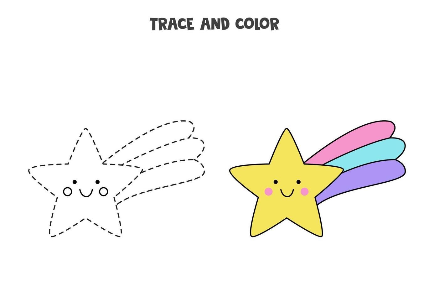 Trace and color cute kawaii star. Worksheet for girls. vector