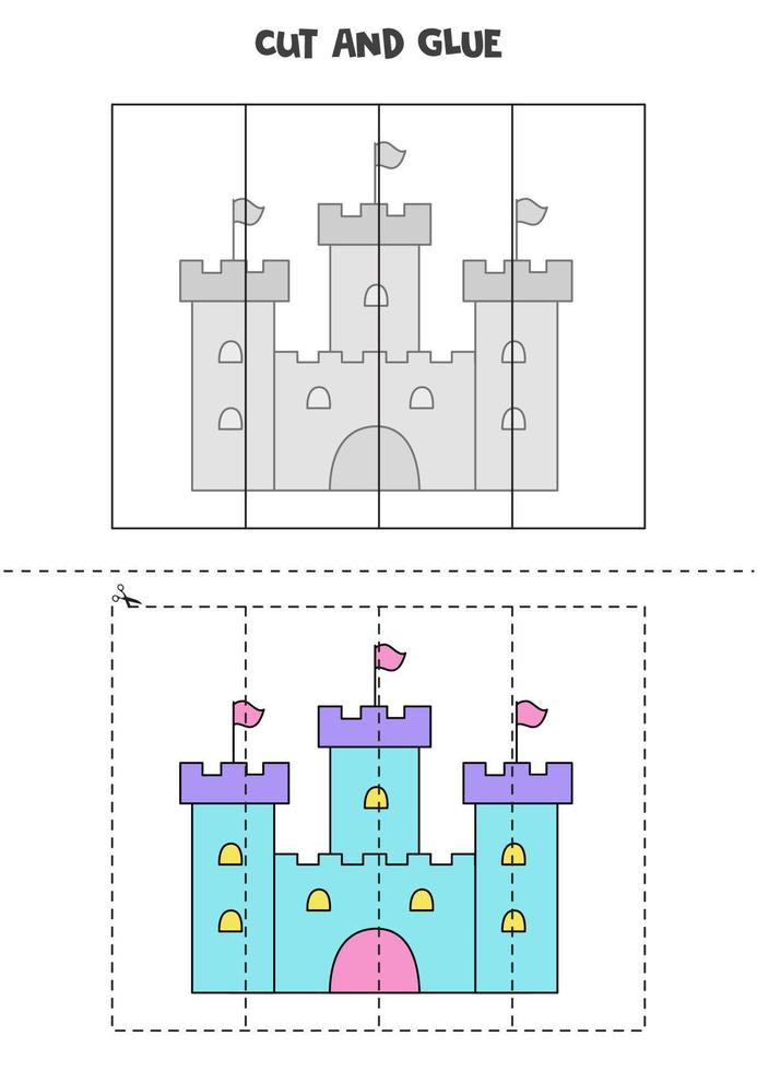 Cut and glue game for kids. Cartoon magical castle. vector