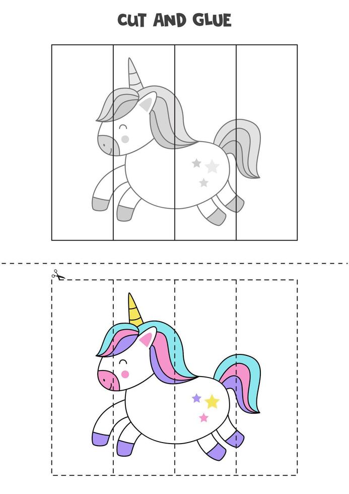 juego de cortar y pegar para niños. unicornio mágico de dibujos animados. vector