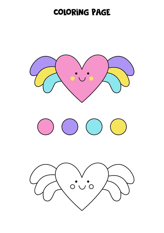 Color cute heart with wings. Worksheet for kids. vector