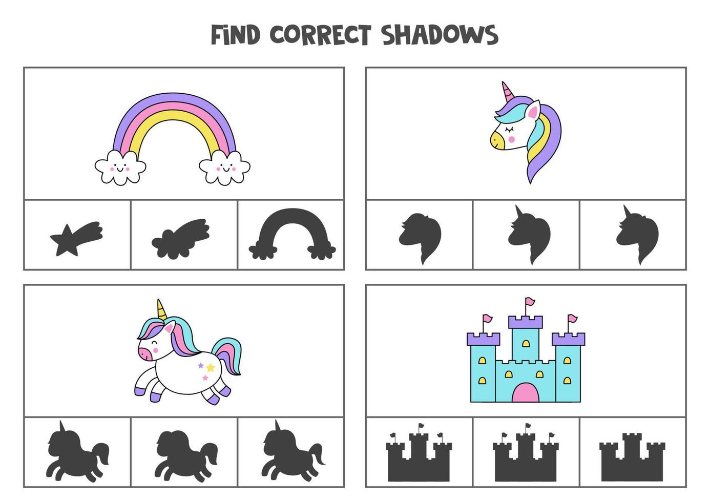 Find correct shadow of unicorn pictures. Printable clip card games for children. vector