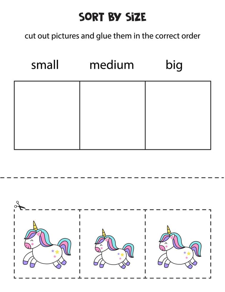 Sort pictures by size. Educational worksheet for kids. vector