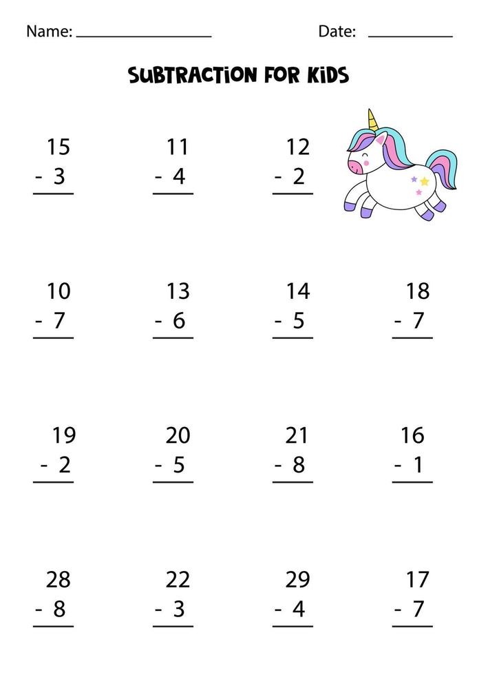 Subtraction game for kids with cute unicorn. Math game for kids. vector
