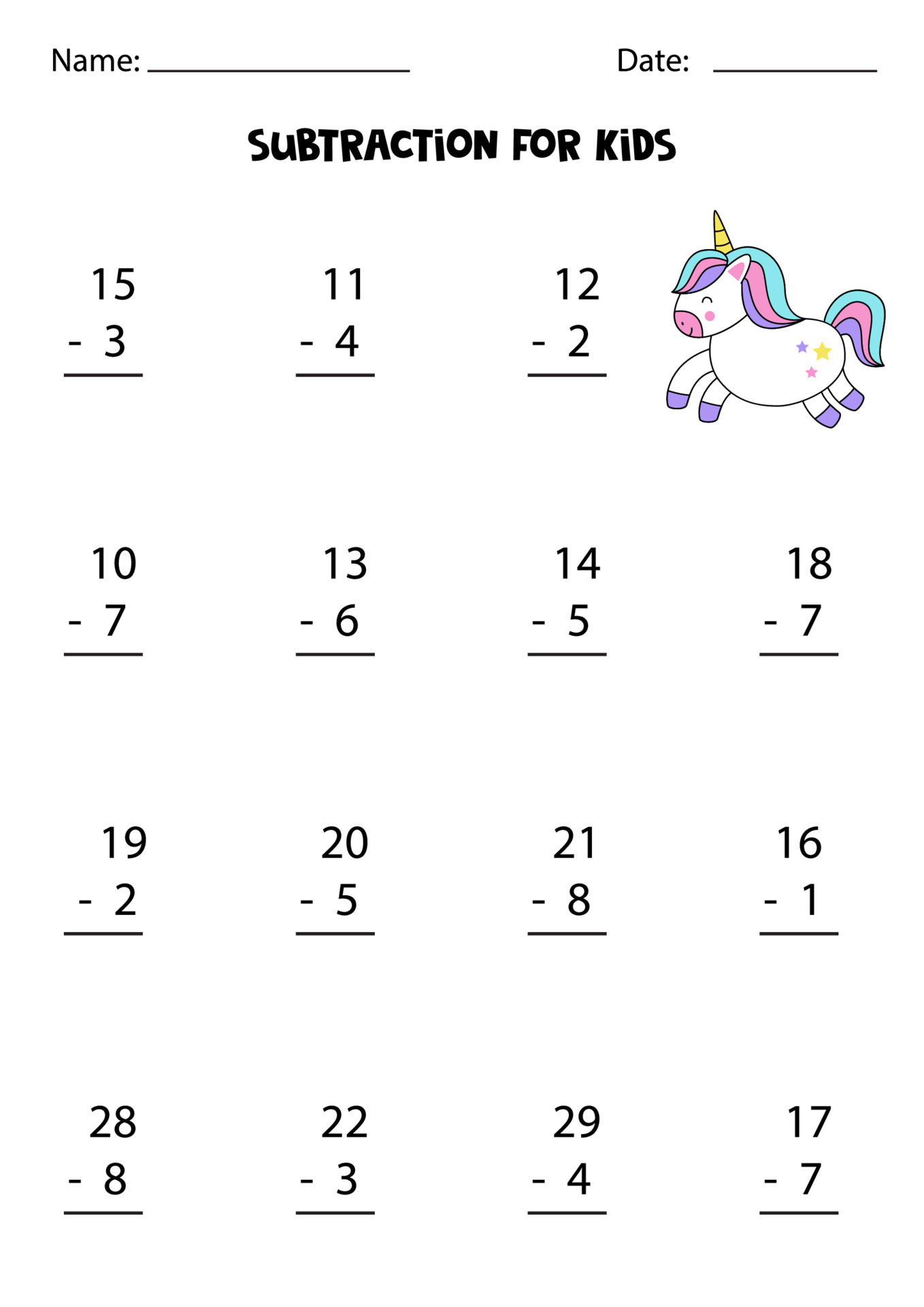 Subtraction game for kids with cute unicorn. Math game for ...