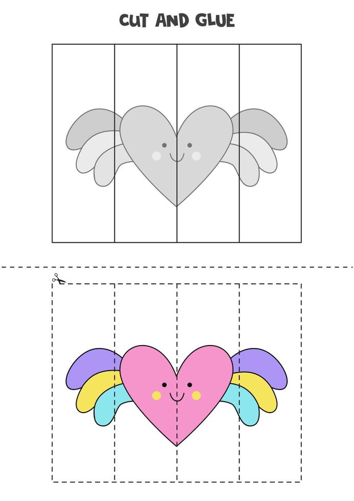 Cut and glue game for kids. Cute flying heart. vector