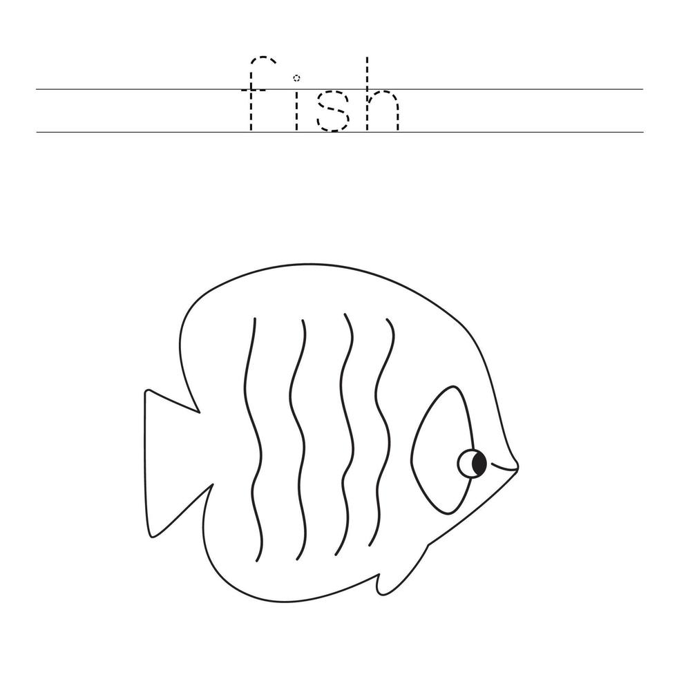 Trace the letters and color cute sea fish. Handwriting practice for kids. vector