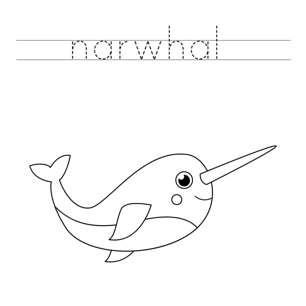 Trace the letters and color cute narwhal. Handwriting practice for kids. vector