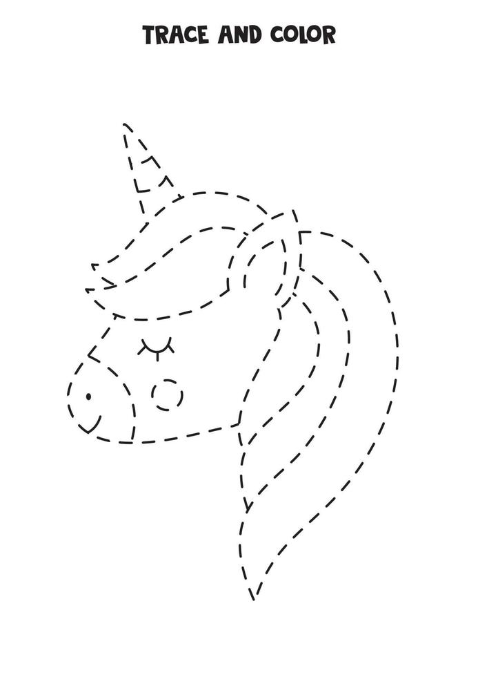 Trace and color cute unicorn. Worksheet for girls. vector