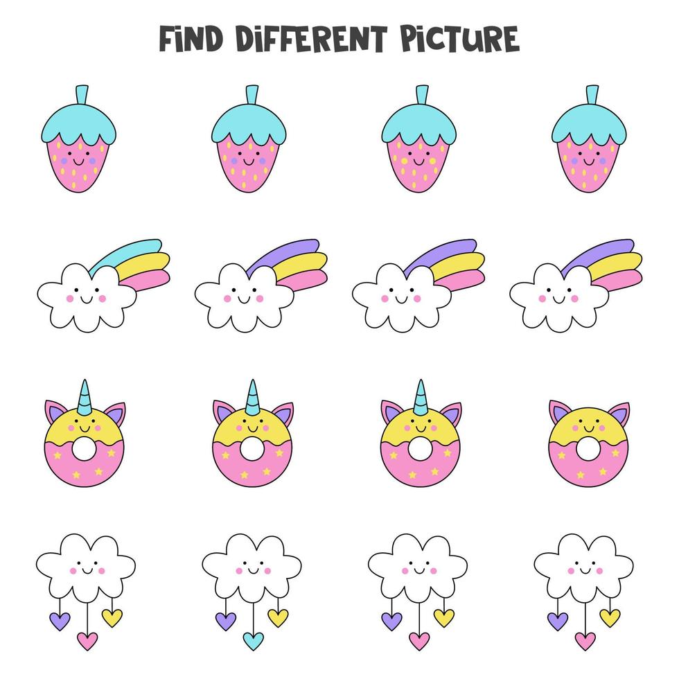Find picture which is different from others. Worksheet for kids. vector