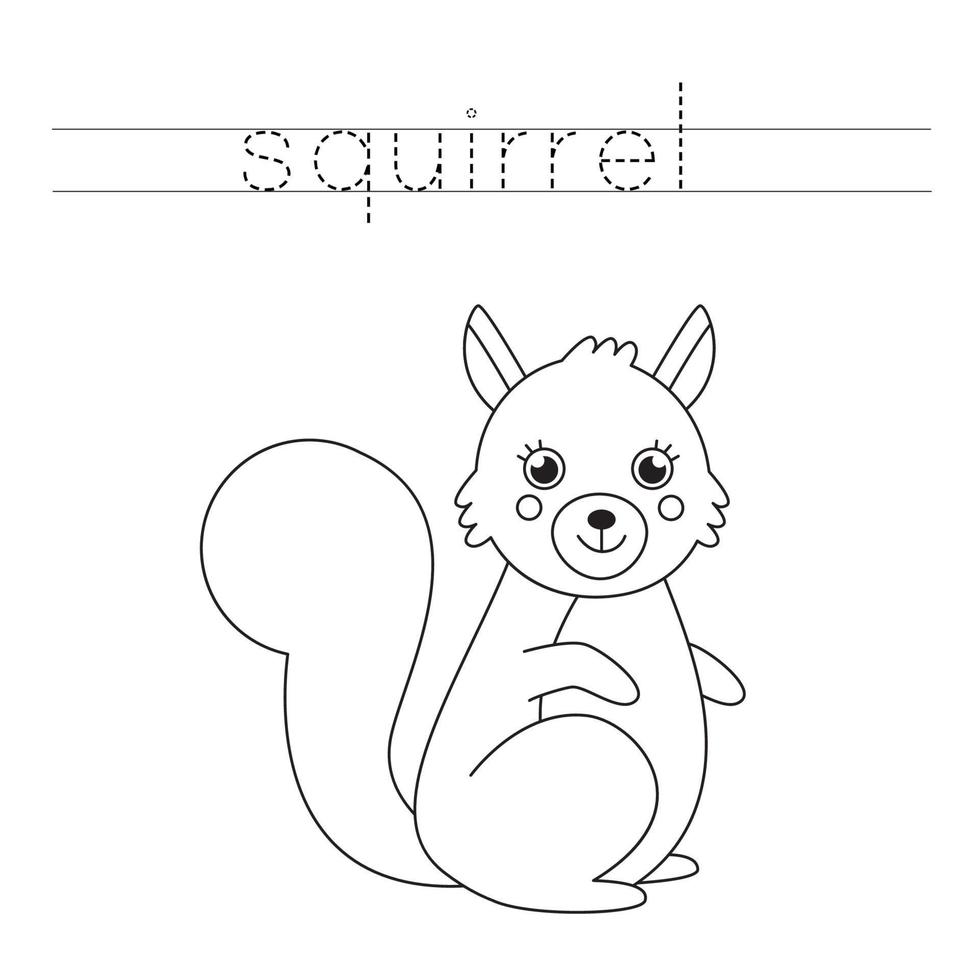 Trace the letters and color cute squirrel. Handwriting practice for kids. vector