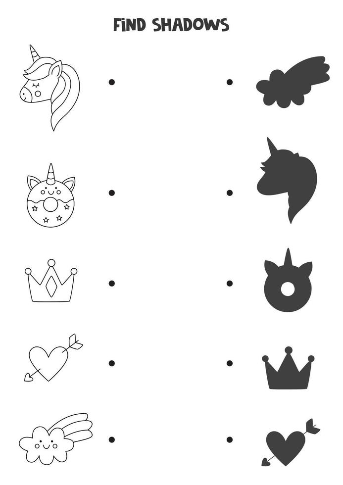 Encuentra las sombras correctas de los elementos de unicornio en blanco y negro. rompecabezas lógico para niños. vector