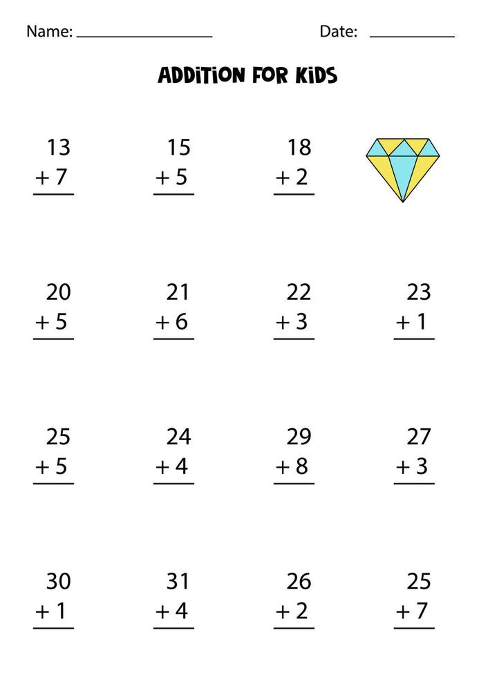 Addition worksheet with cute diamond. Math game. vector