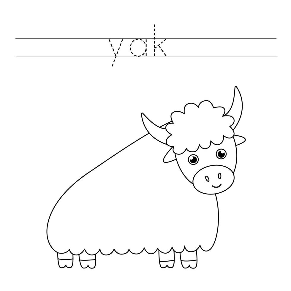 Trace the letters and color cute yak. Handwriting practice for kids. vector