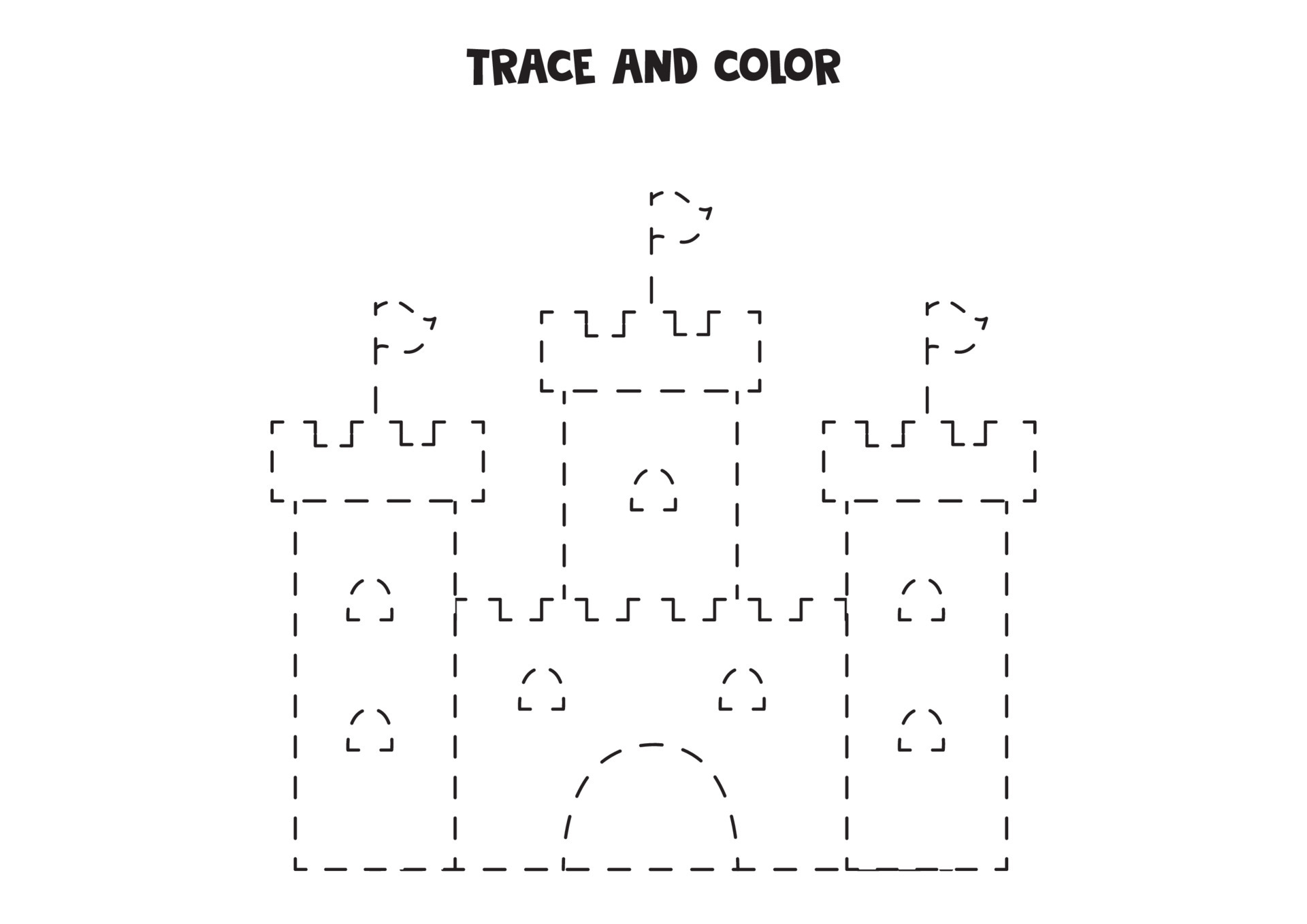 Trace and color magical castle. Worksheet for girls. 4745998 Vector Art