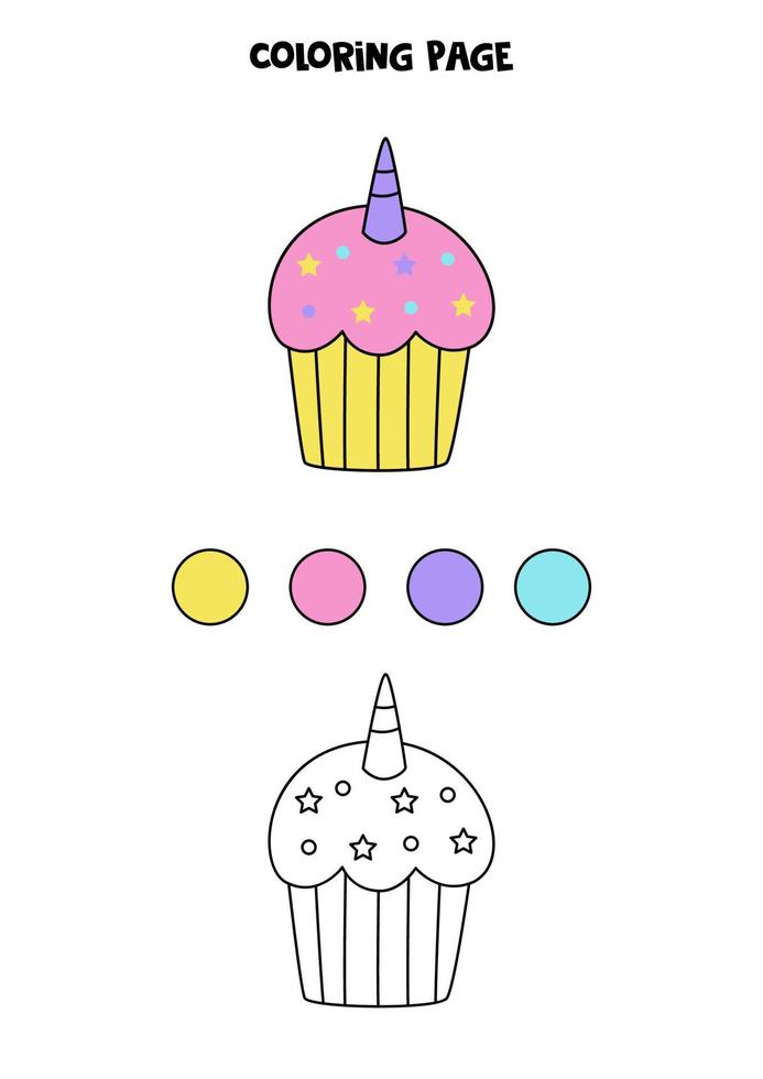 Página para colorear con cupcake unicornio lindo. hoja de trabajo para niños. vector