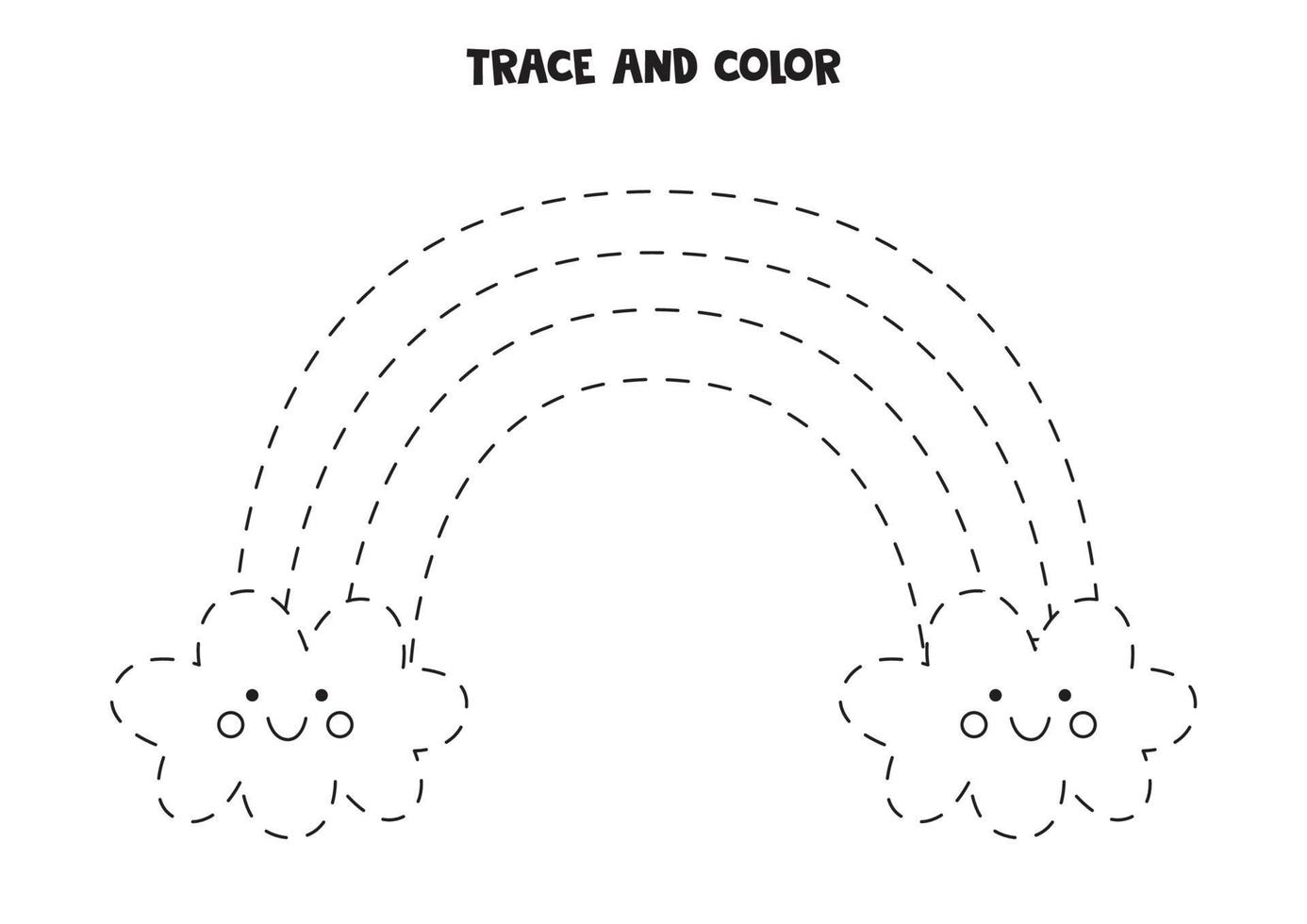 Traza y colorea el lindo arco iris kawaii. hoja de trabajo para niñas. vector