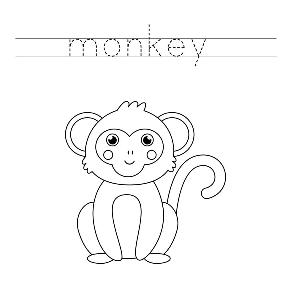 Trace the letters and color cute monkey. Handwriting practice for kids. vector