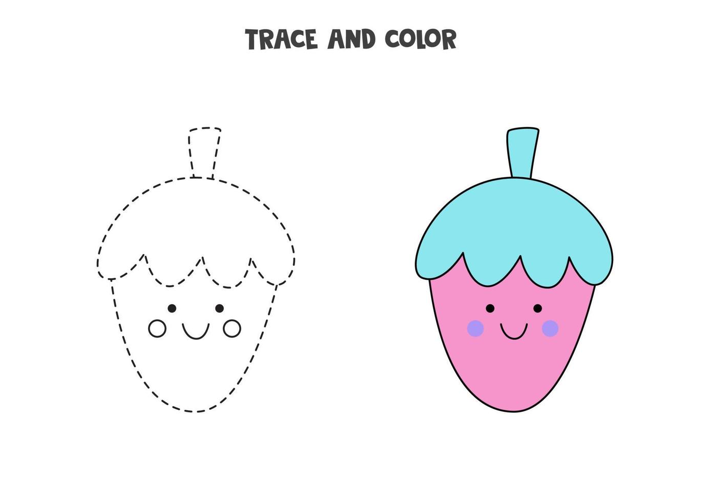 Traza y colorea la linda fresa kawaii. hoja de trabajo para niñas. vector