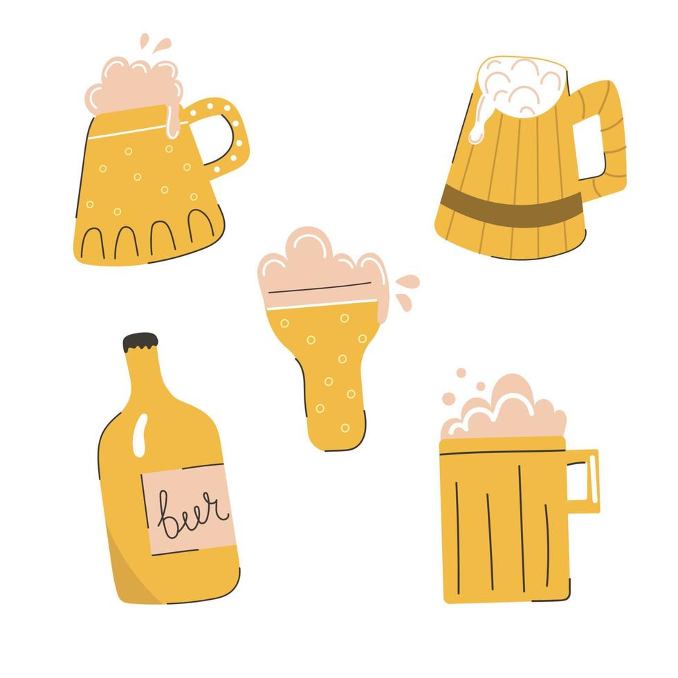 dibujado a mano conjunto de tazas de cerveza lindas y modernas. ilustración plana. vector