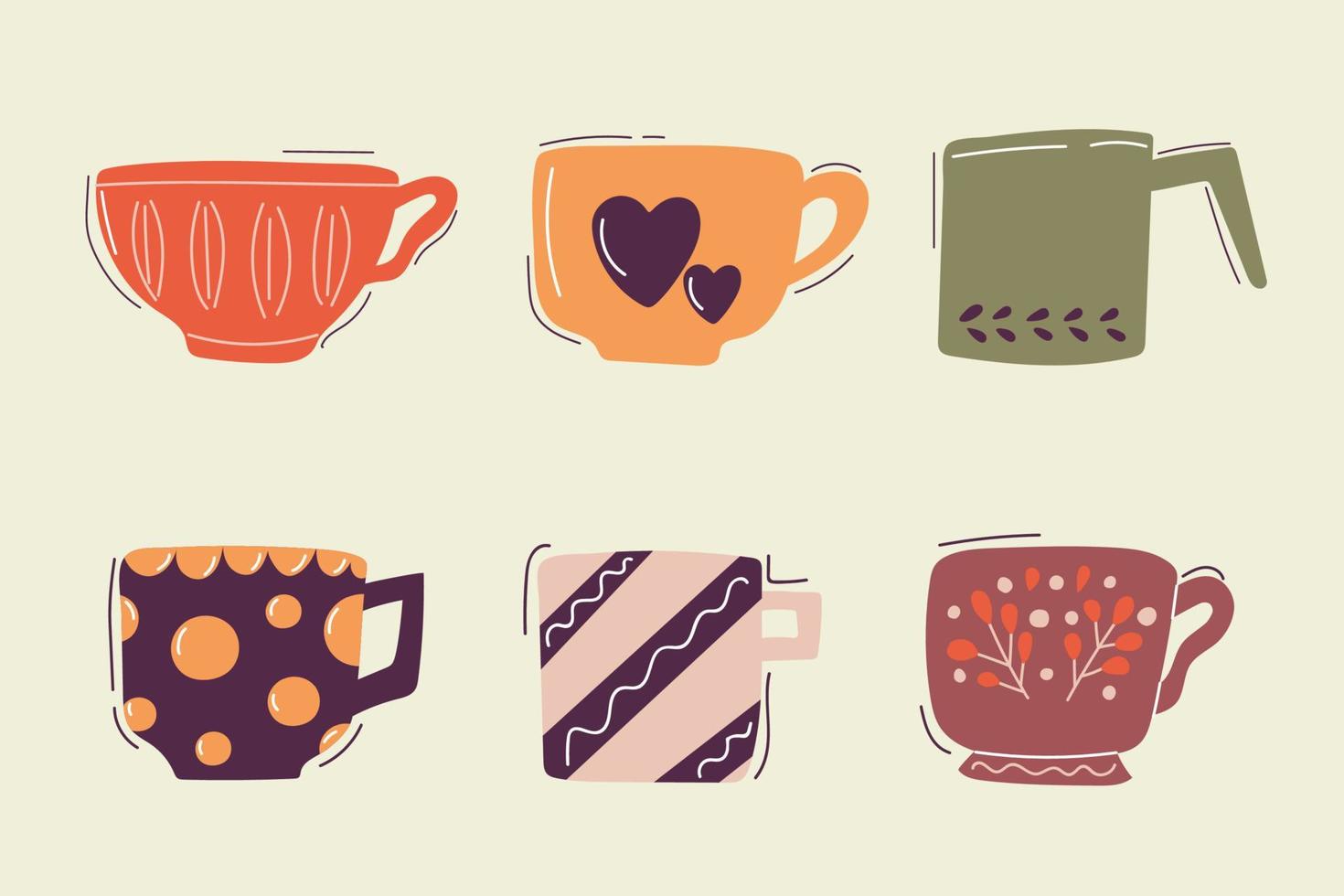 Set of hand drawn cups of tea or coffee with modern ornaments. Flat cartoon illustration. vector