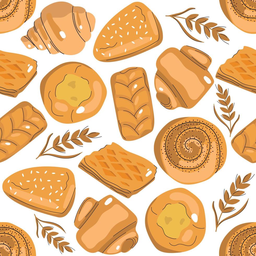 Seamless pattern of hand drawn bakery products, buns, pastry, croissants and wheat germ. vector