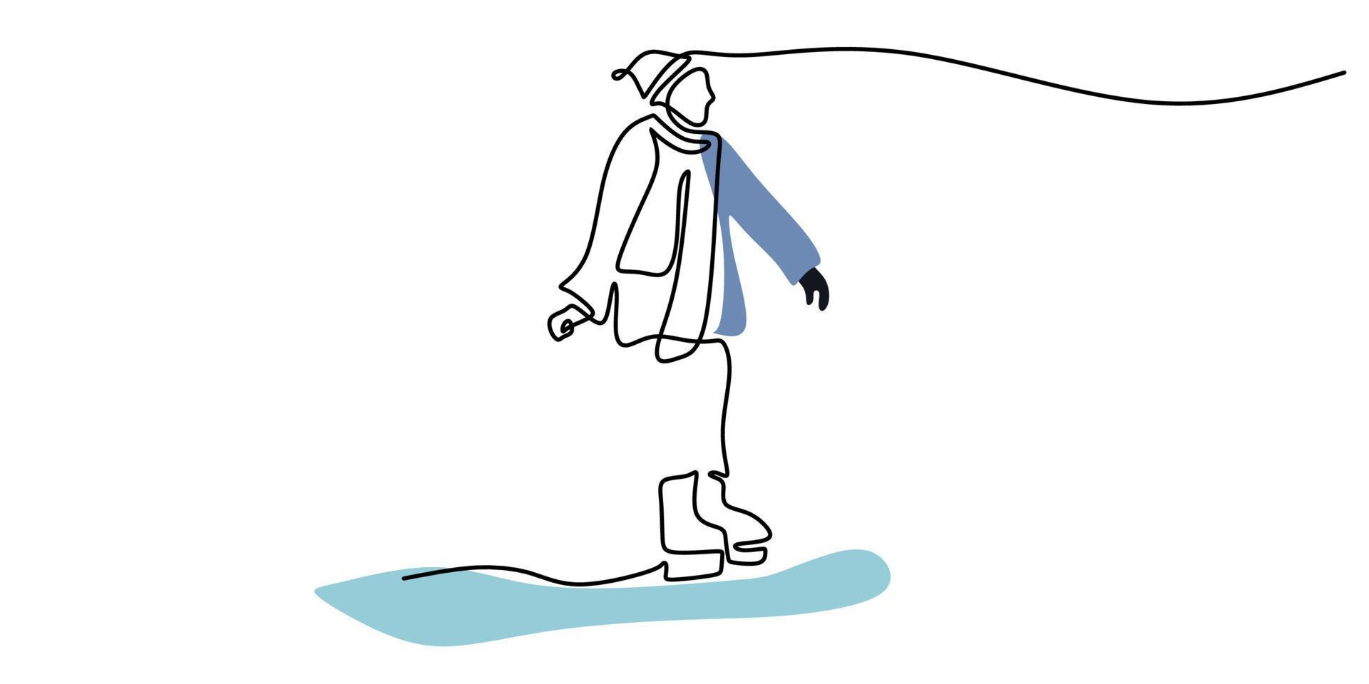 Continuous one single line of man playing ice skating on winter sport vector