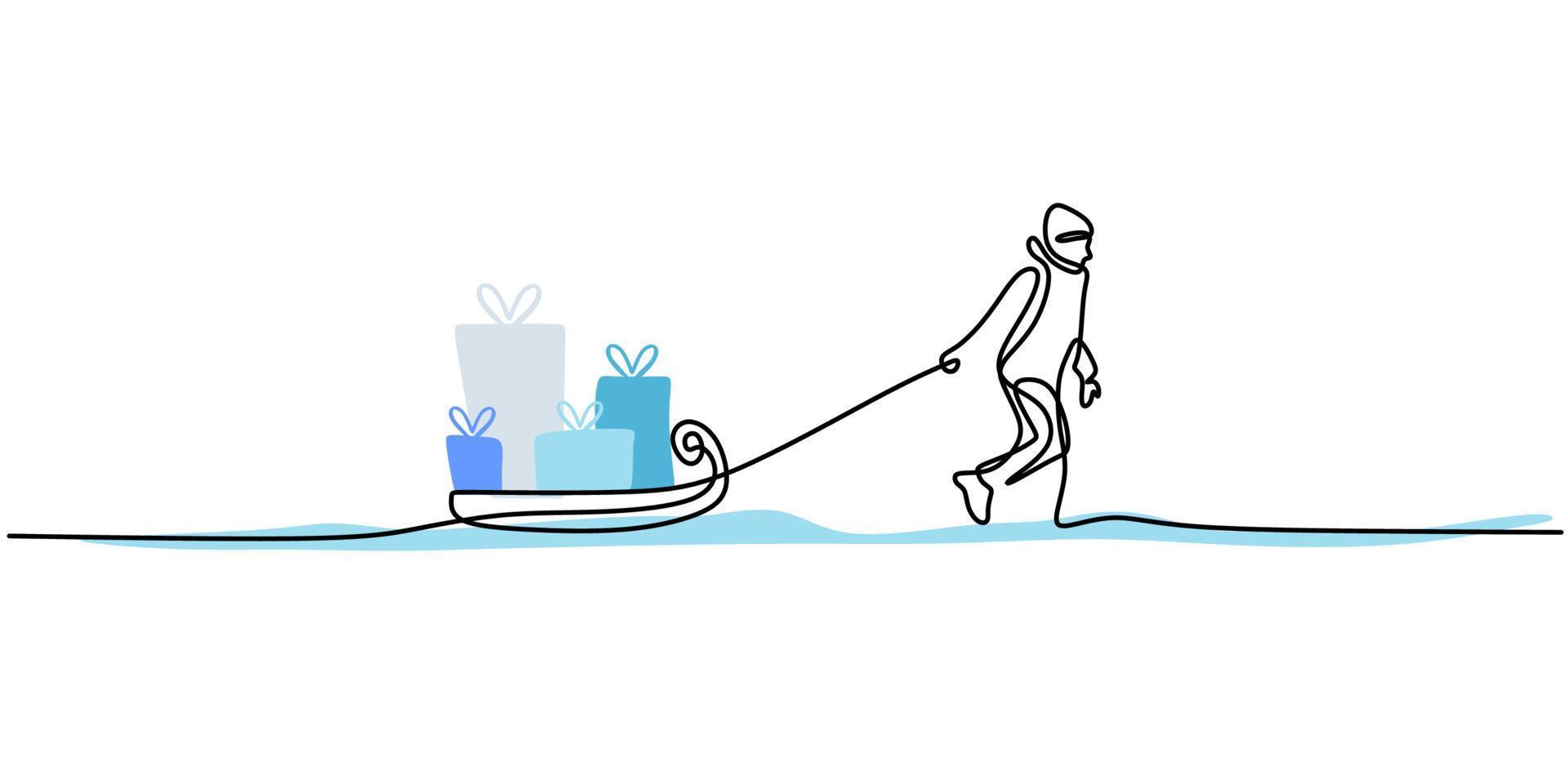 Continuous one single line of boy bringing sled on snow winter sport vector