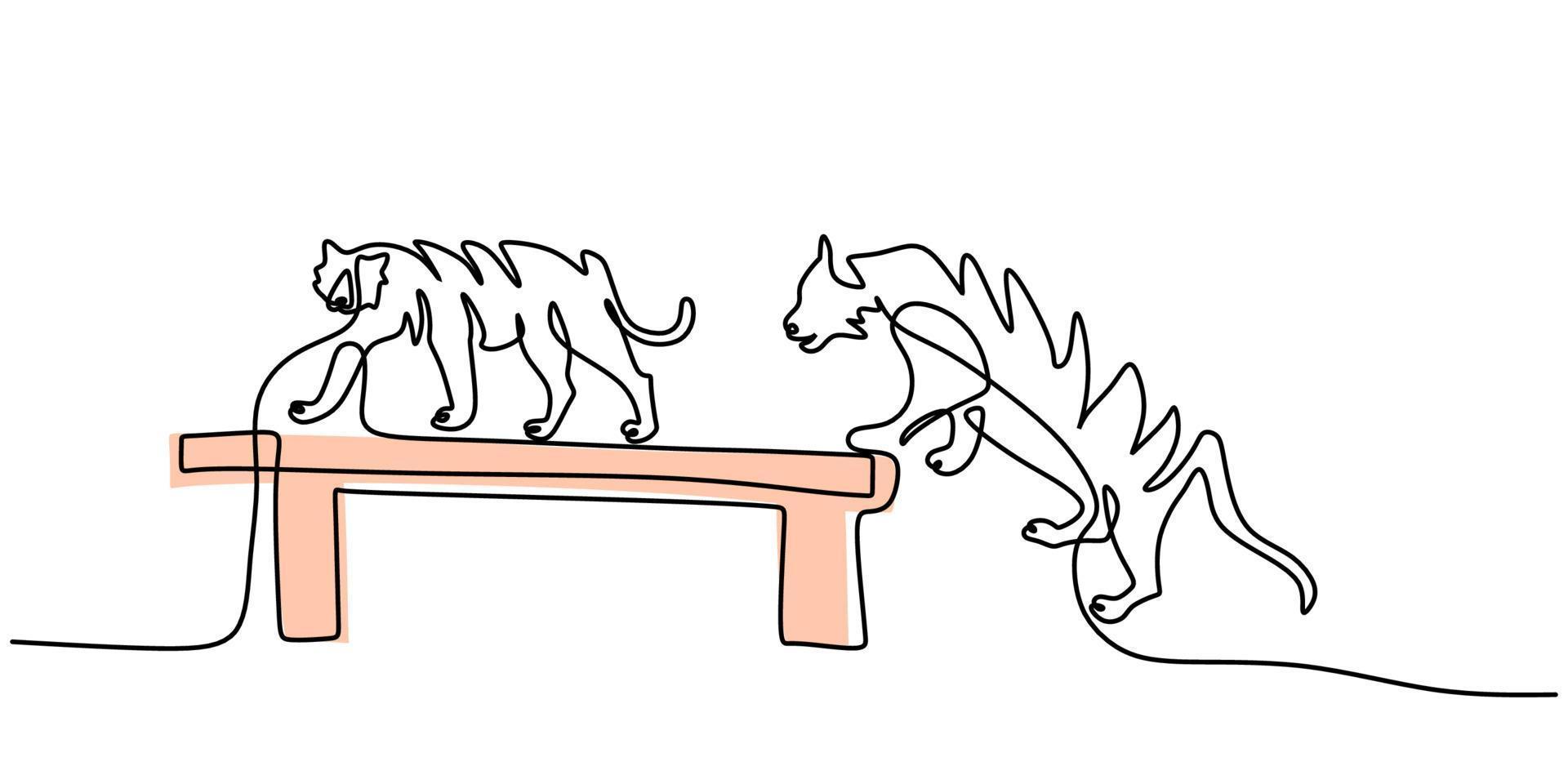 Continuous one single line of two tigers playing on board for circus vector