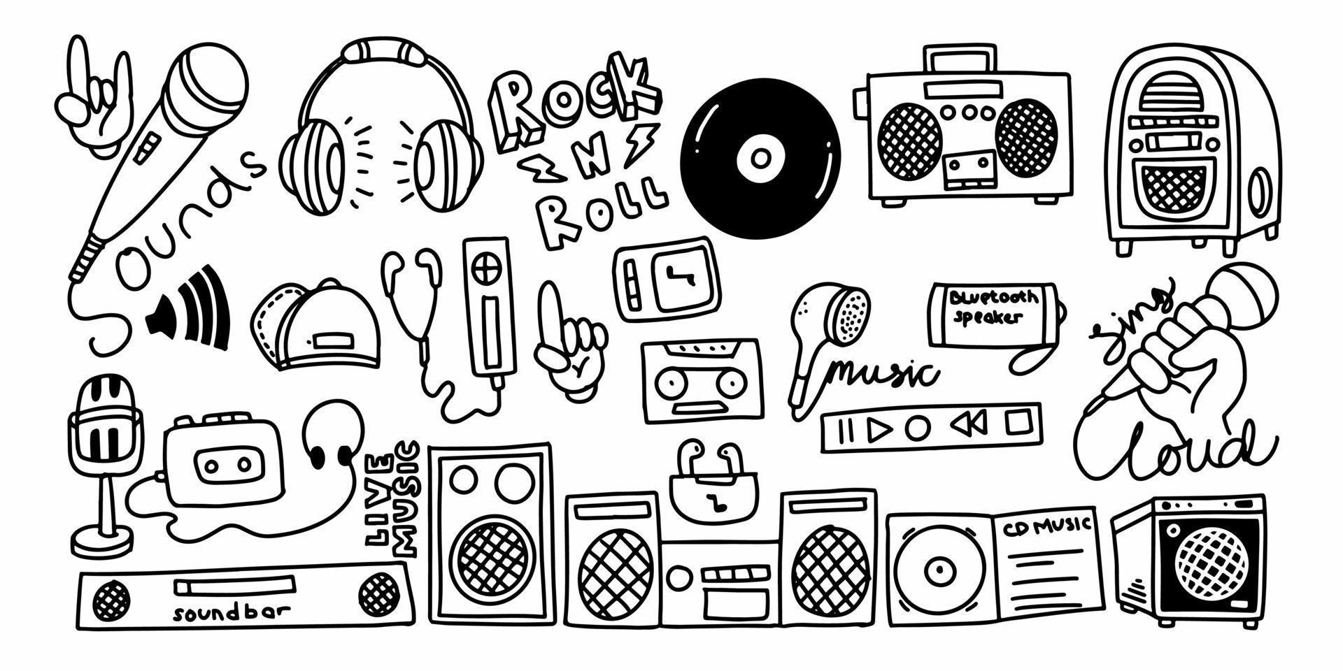Set of modern music elements in childish doodle hand drawn style vector