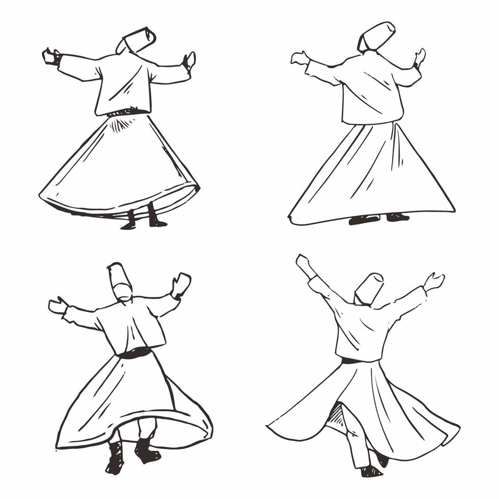 Dibujado a mano de danza derviche sufi giratoria aislada sobre fondo blanco. vector