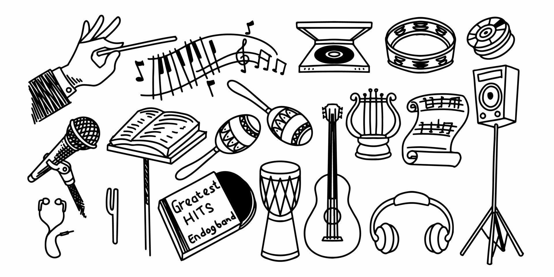 conjunto de elementos de la música clásica en estilo infantil doodle dibujado a mano vector