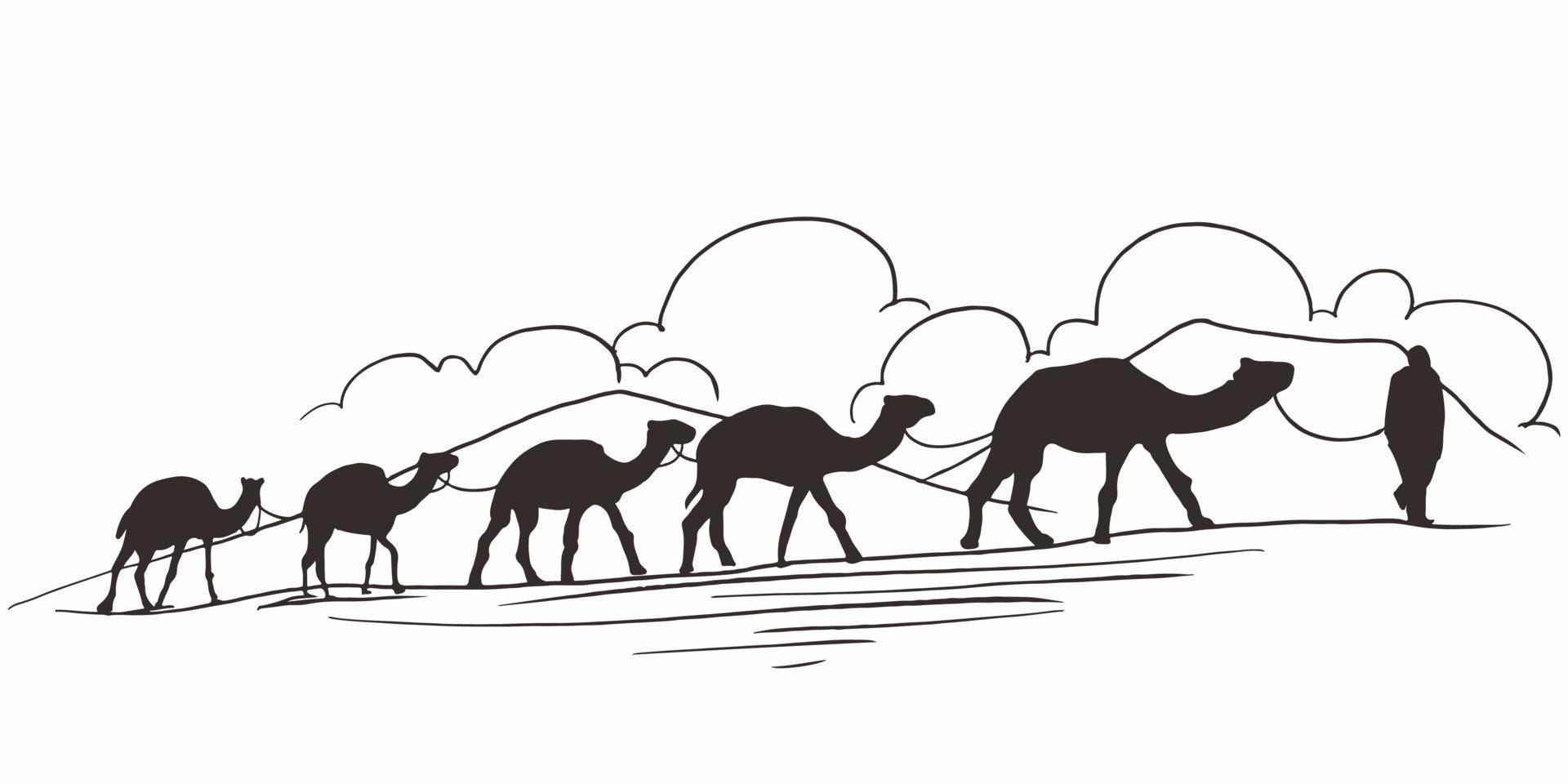 Hand drawn of Caravan with camels in desert. camel walking through the desert. Caravan going through the dunes. vector